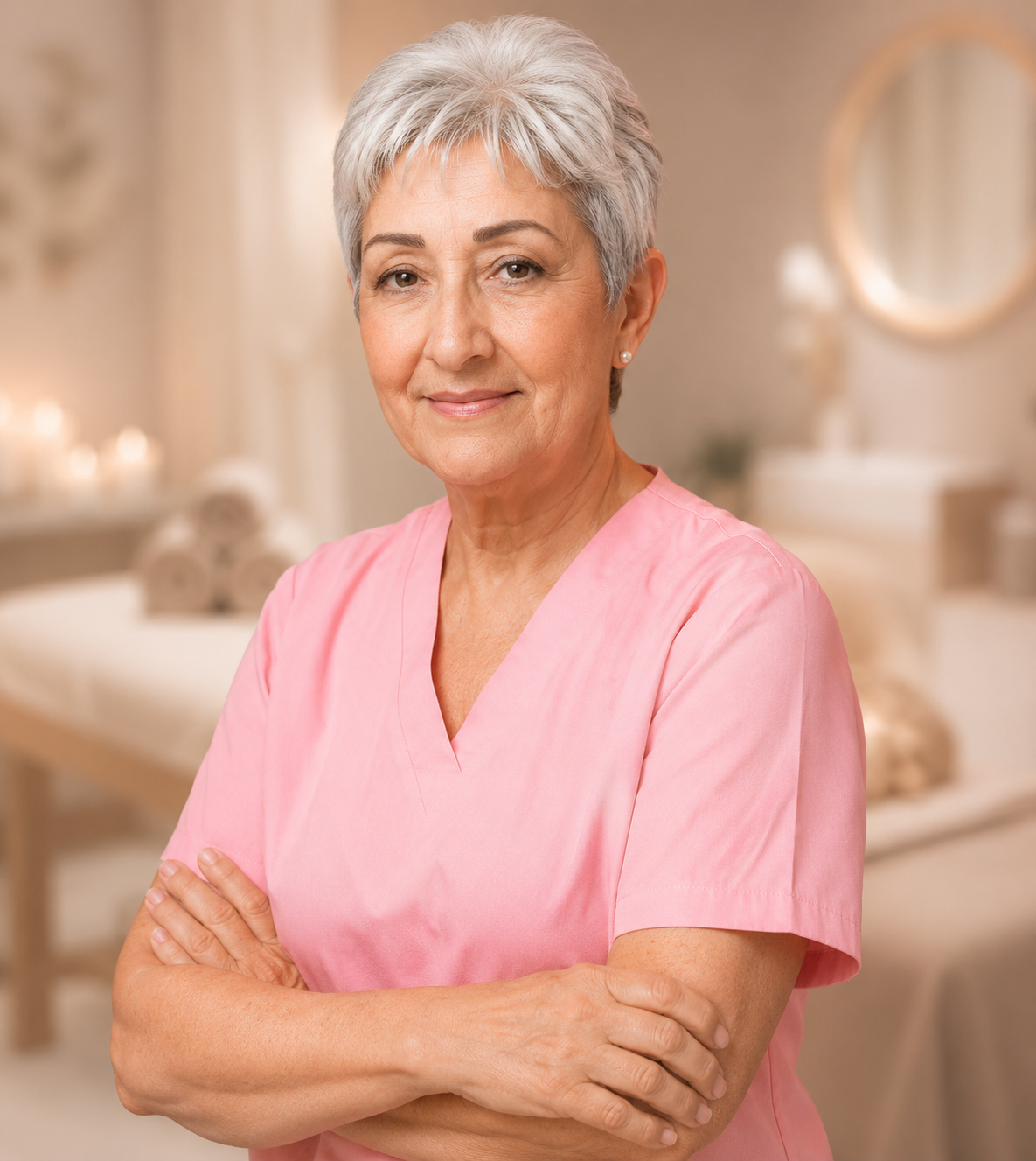 Gigi, especialista de Gigi Spa, con filipina rosa y expresión cálida