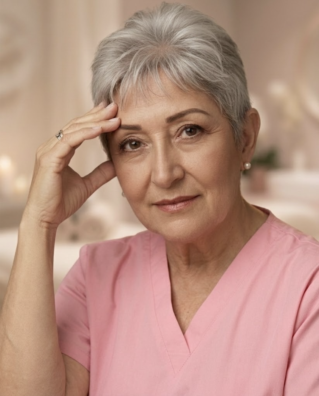 Especialista de Gigi Spa con filipina rosa, expresión cálida y profesional