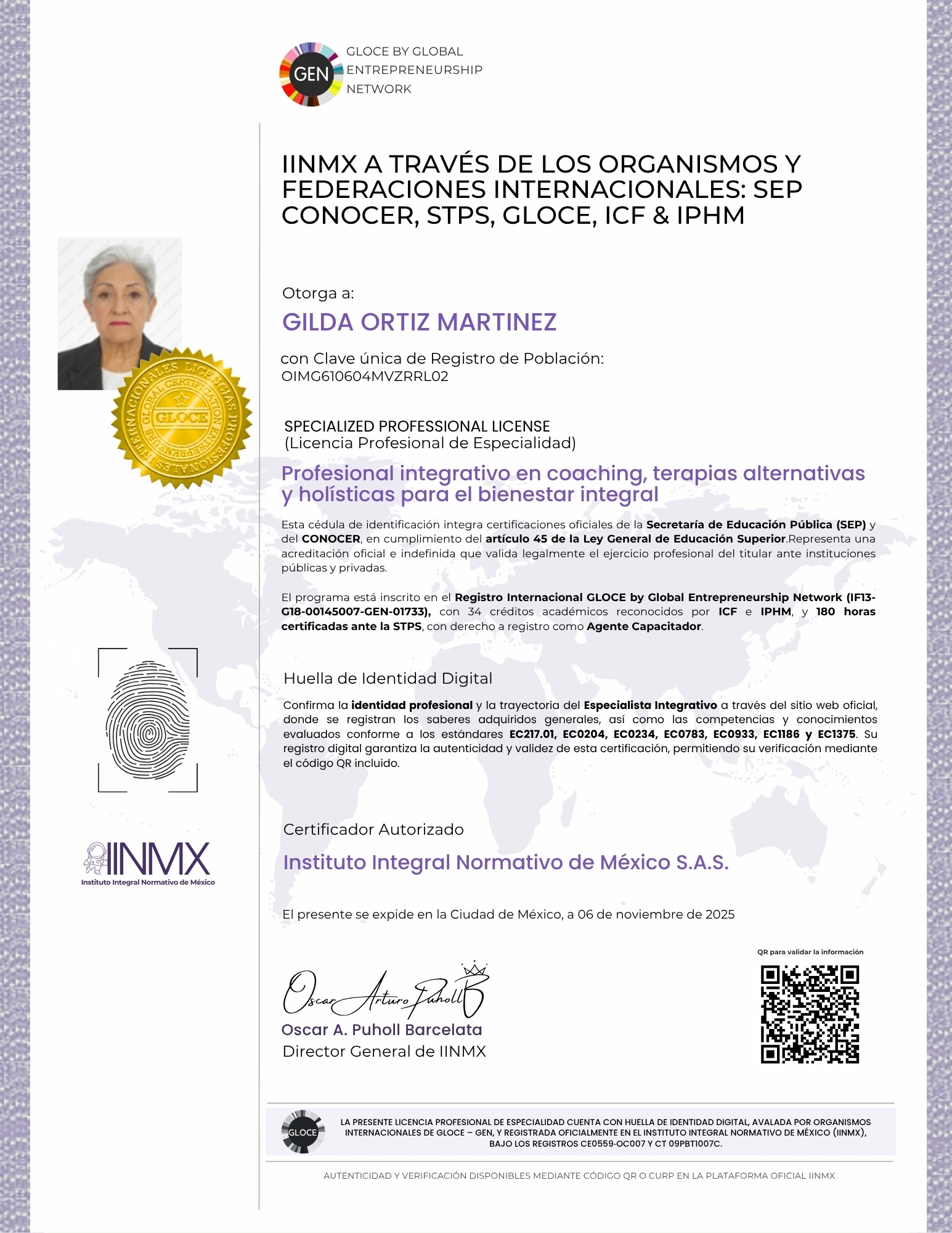 Certificación y aval profesional de Gilda Ortiz Martínez