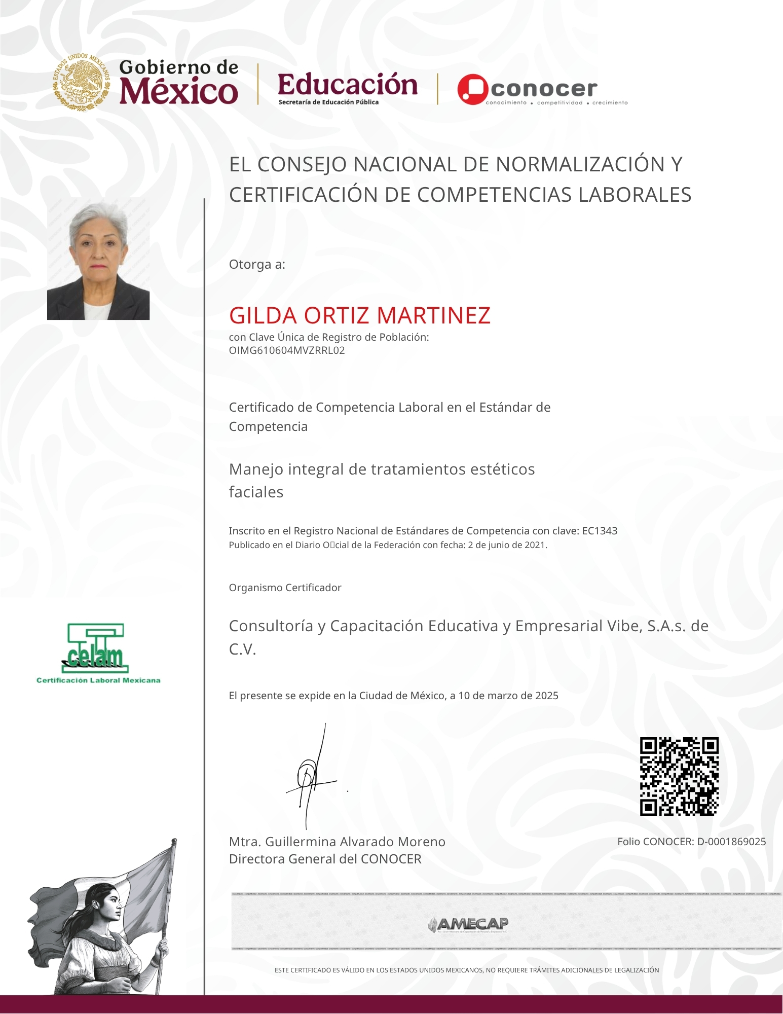 Certificación y aval profesional de Gilda Ortiz Martínez