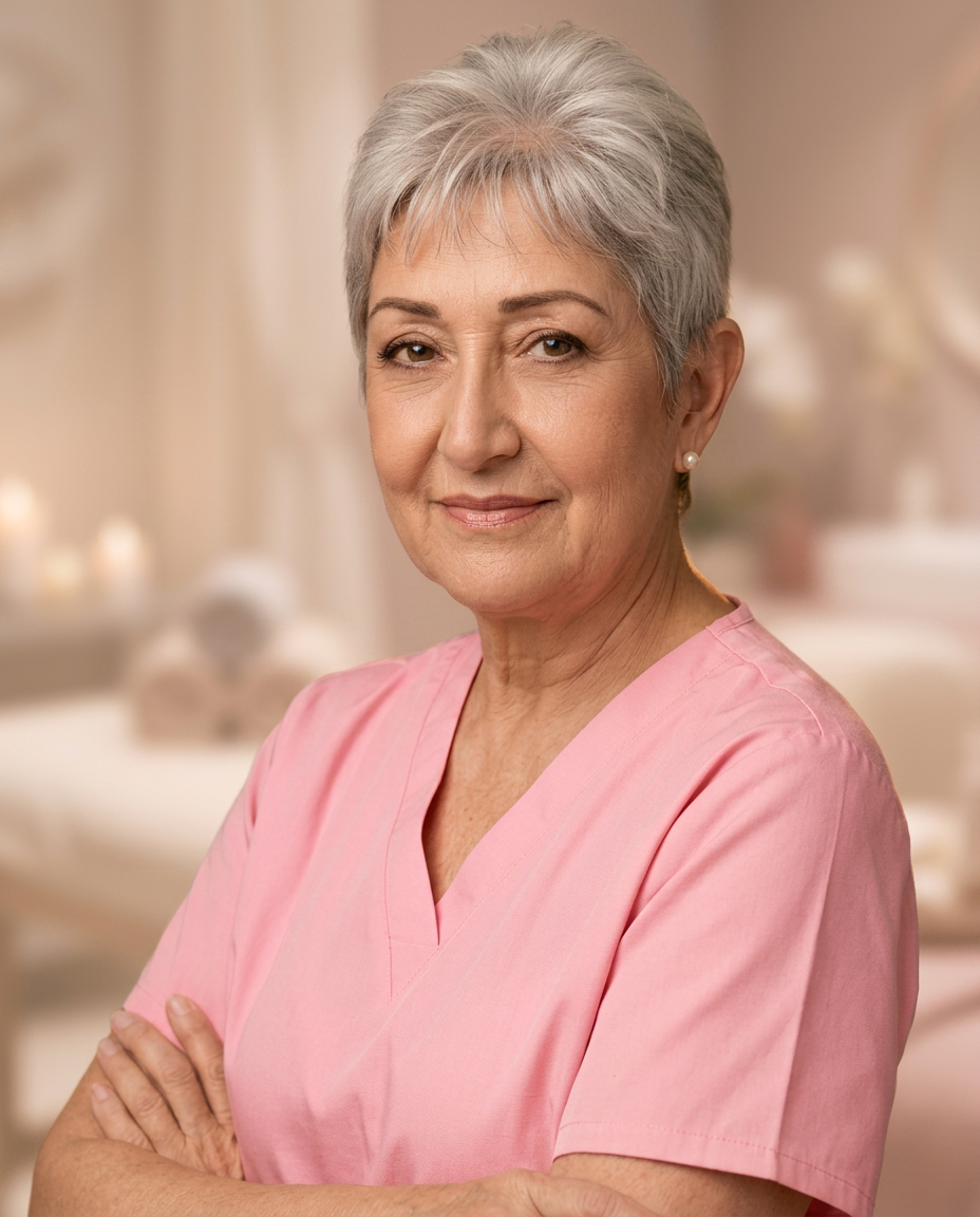 Gigi, especialista de Gigi Spa, con filipina rosa y expresión cálida